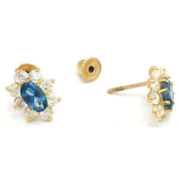 Blue Topaz 0.68 Cts White apphire Stud Earring 14k Yellow Gold - Picture 2 of 2